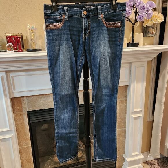 Express Blue Skinny Jeans with Contrast Stitching - Picture 1 of 8